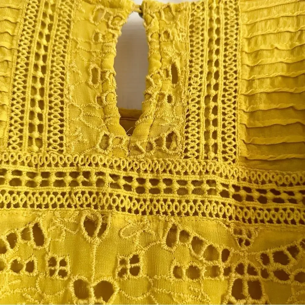 Anthropologie Yellow Clementine Blouse Eyelet Ruffle Puff Sleeve Top Shirt Sz 0
